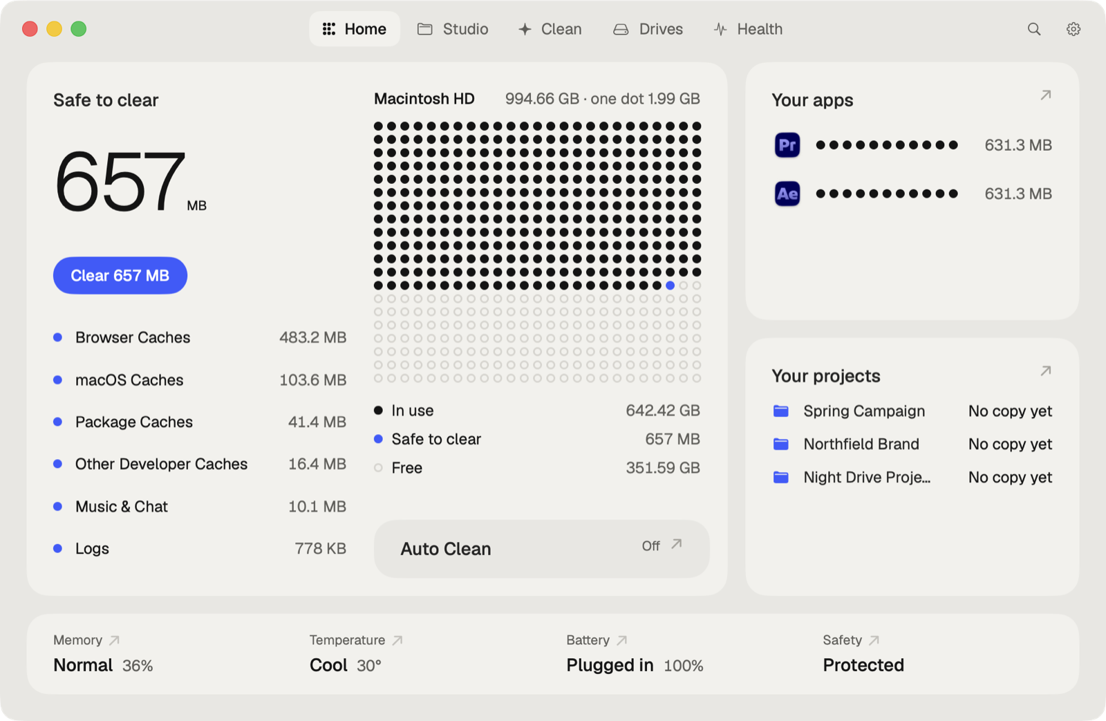 Caretaker's Home: what's safe to clear, the disk in dots, Auto Clean, your apps and the week.