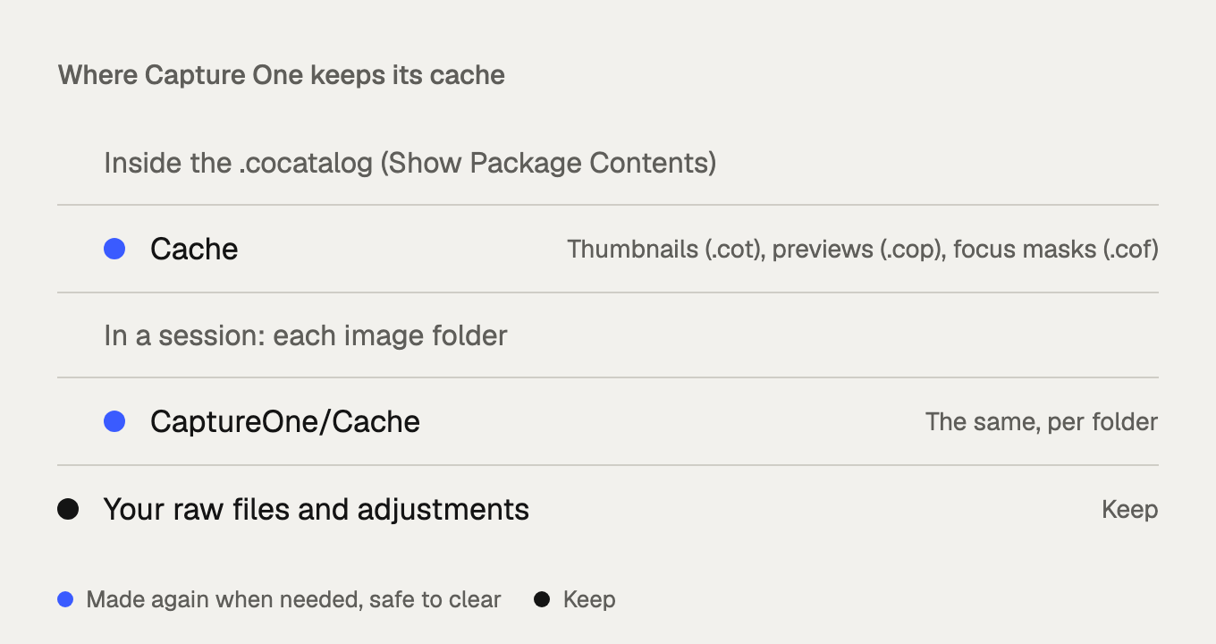 Where Capture One keeps thumbnails and previews in a catalog or session.